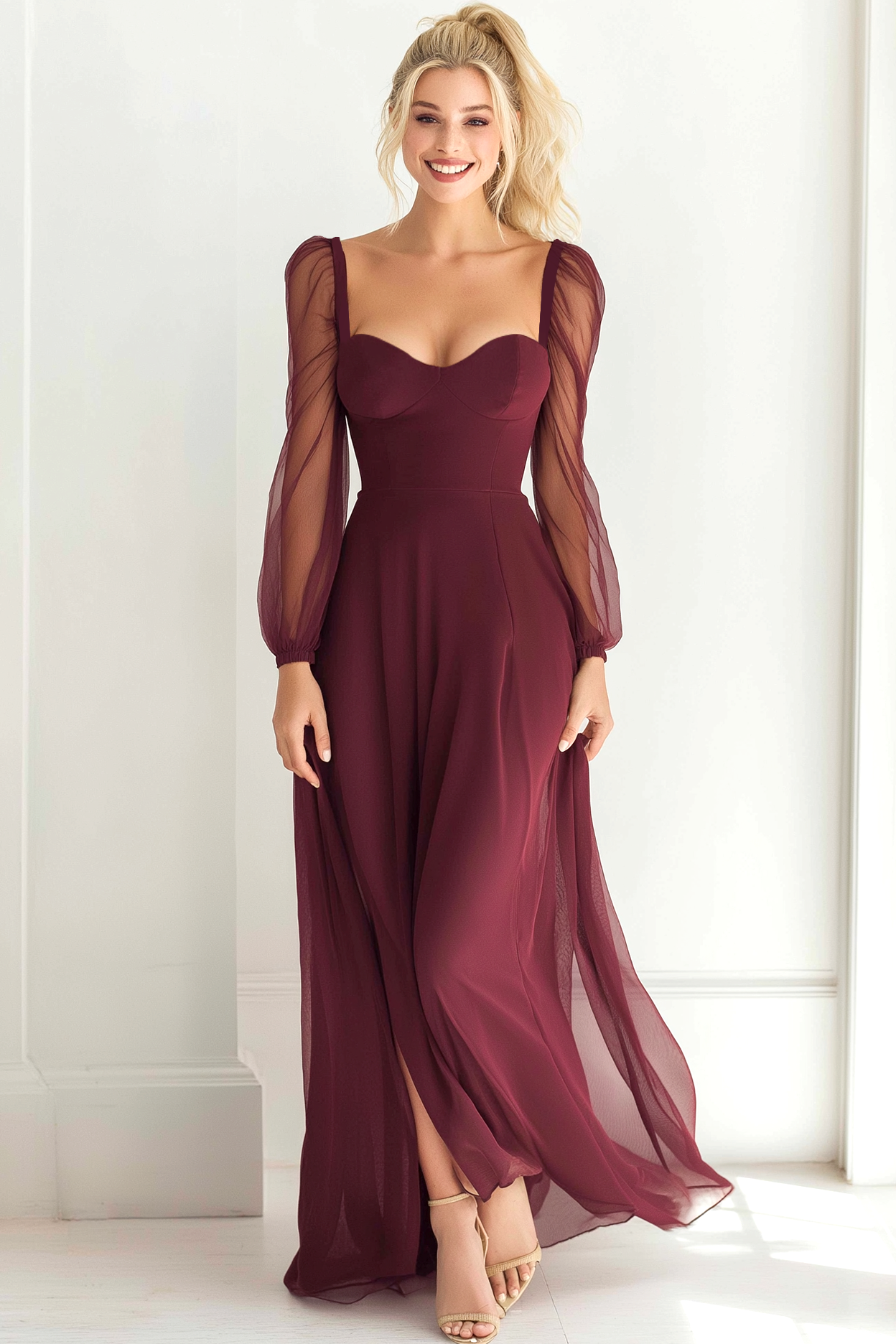 Leely Women Cabernet Chiffon Maxi Formal Dress with Slit Long Sleeves A Line Evening Dress