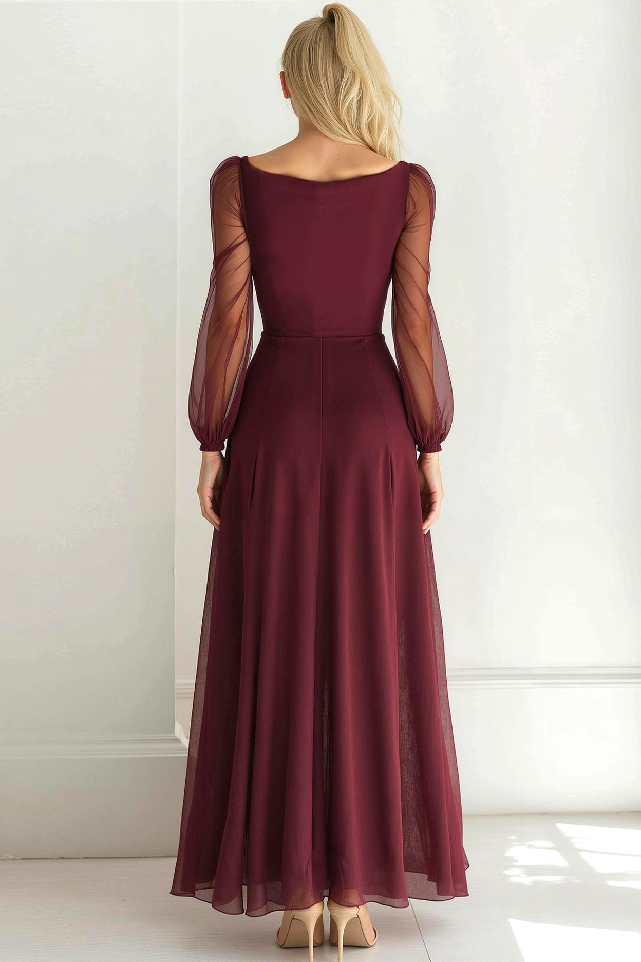 Cabernet Chiffon Maxi Formal Dress with Sleeves