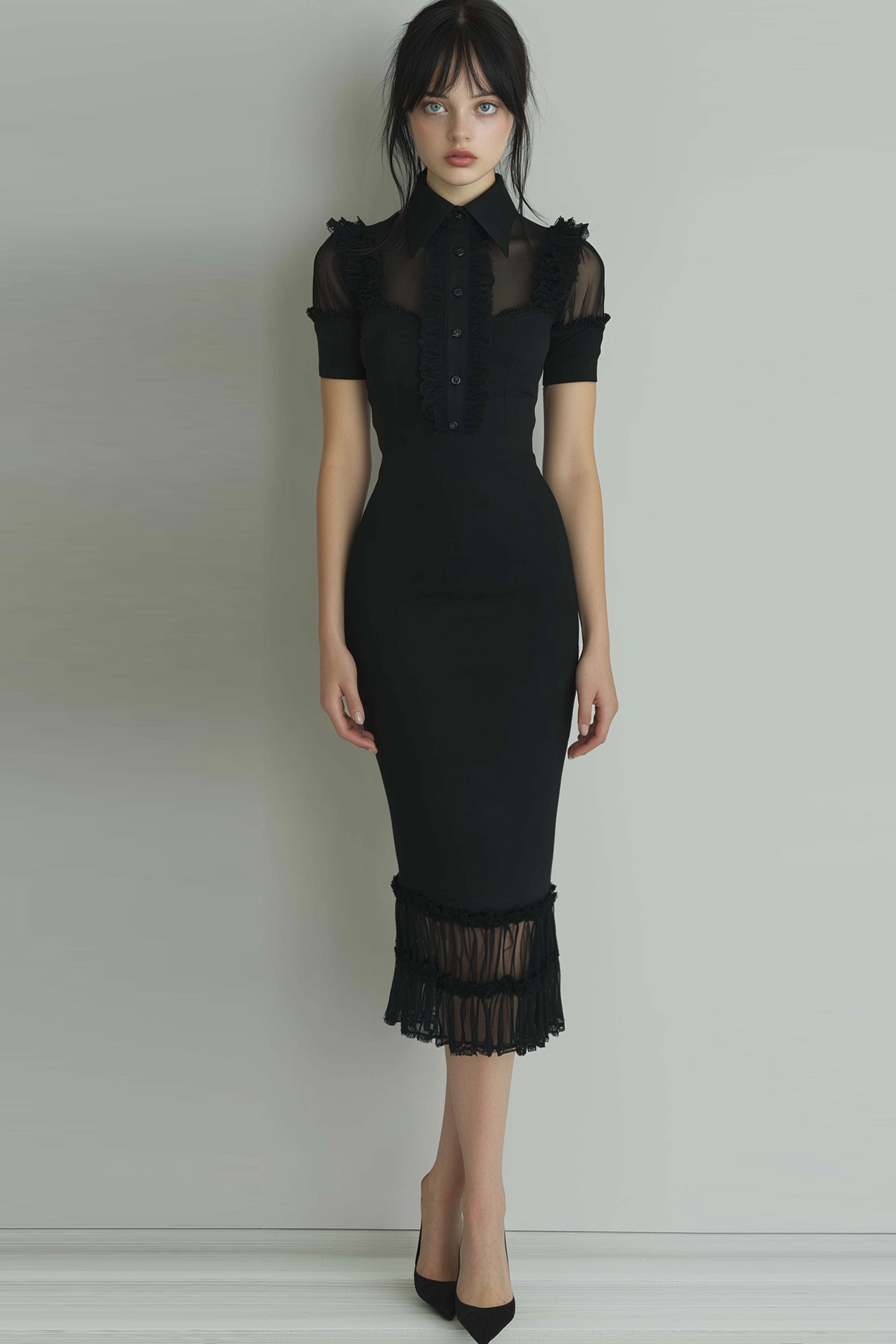 Leely Women Black Sheath Midi Evening Dress Collar Neck Short Sleeves Formal Dress with Ruffles