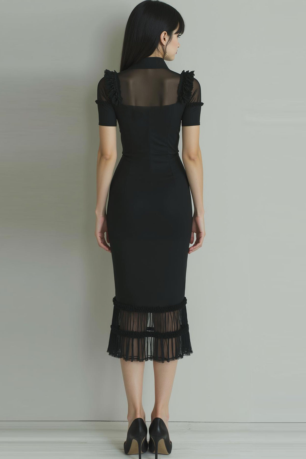 Black Sheath Collar Neck Midi Evening Dress