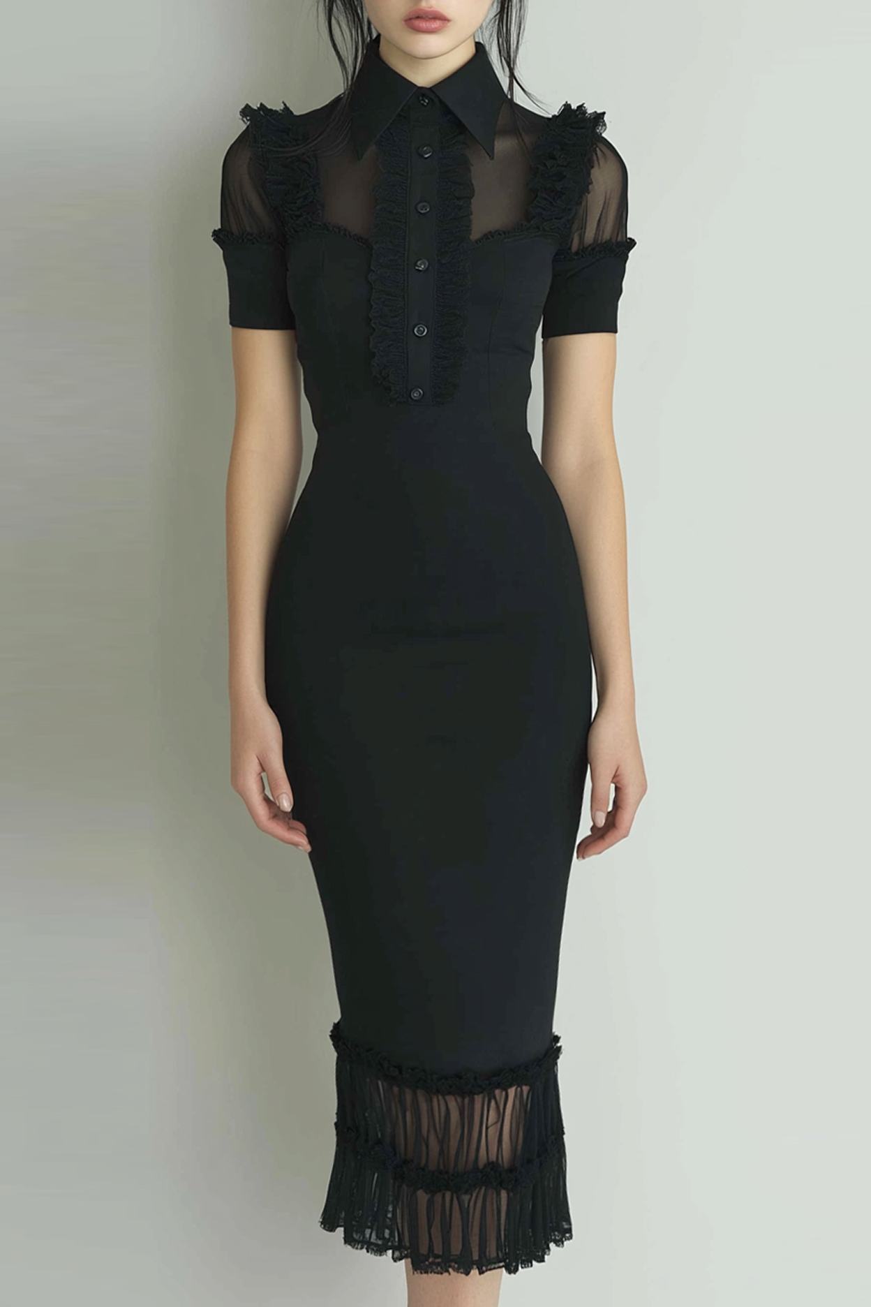 Black Sheath Collar Neck Midi Evening Dress