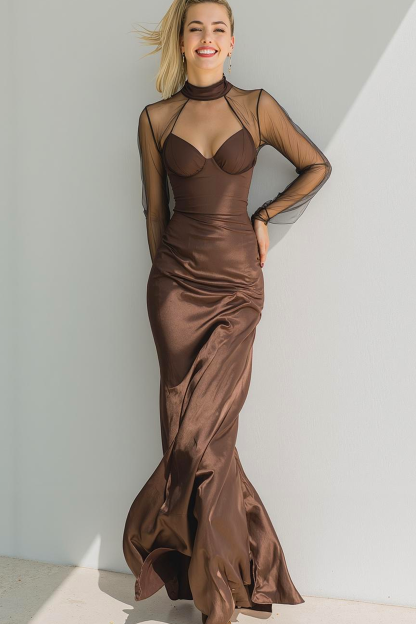Brown Satin High Neck Maxi Formal Dress with Sleeves