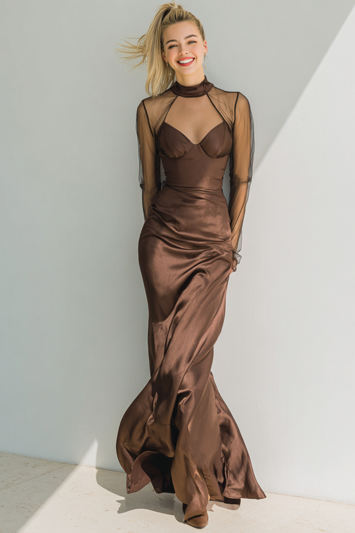 Leely Women Brown Satin Maxi Formal Dress with Sleeves Mermaid High Neck Evening Dress