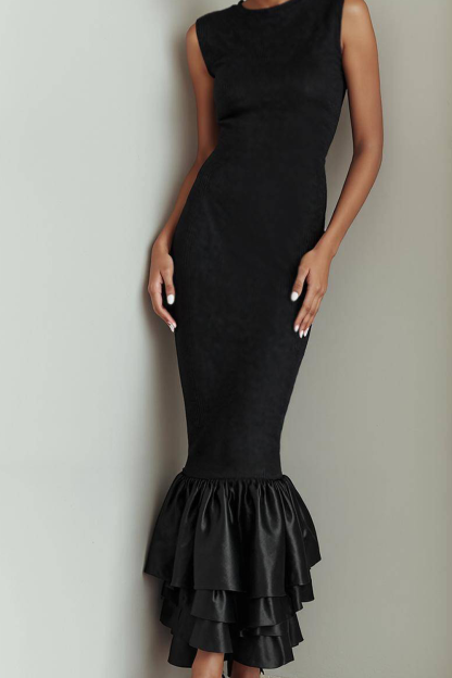 Black Mermaid Round Neck Long Formal Dress with Ruffles