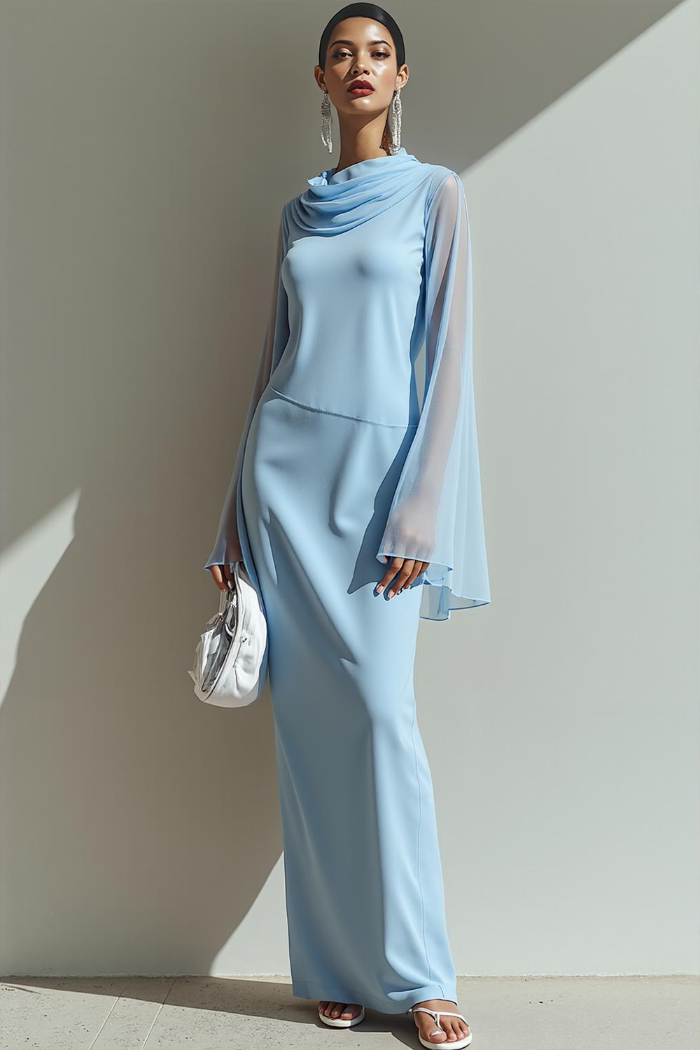 Leely Women Sky Blue Sheath Maxi Formal Dress Long Sleeves Cowl Neck Evening Dress