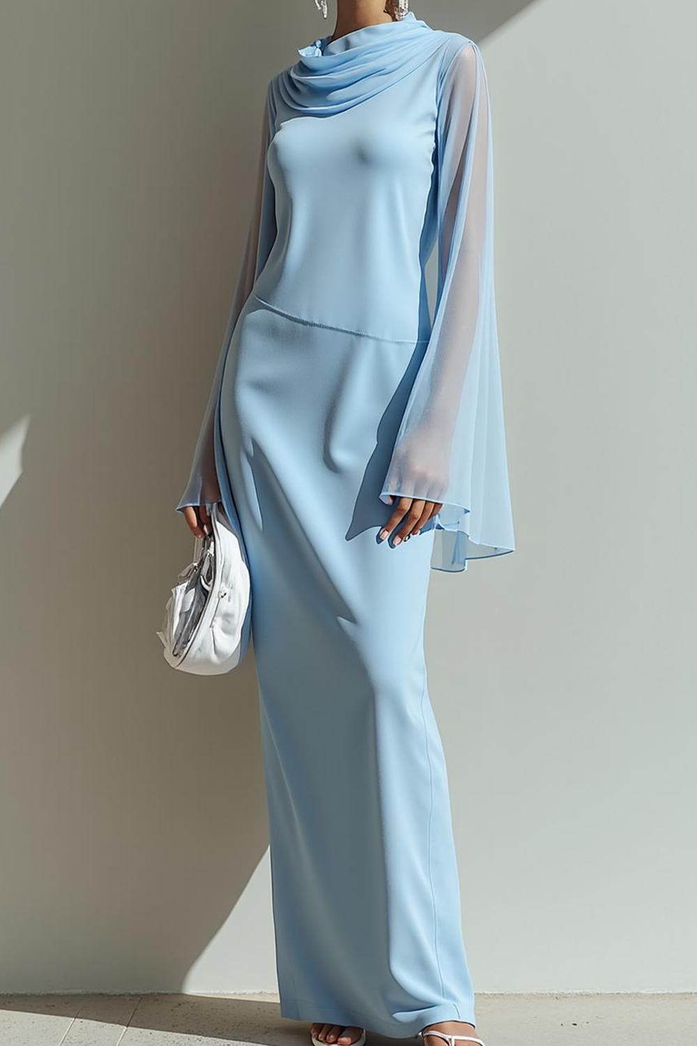 Sky Blue Sheath Maxi Formal Dress with Sleeves