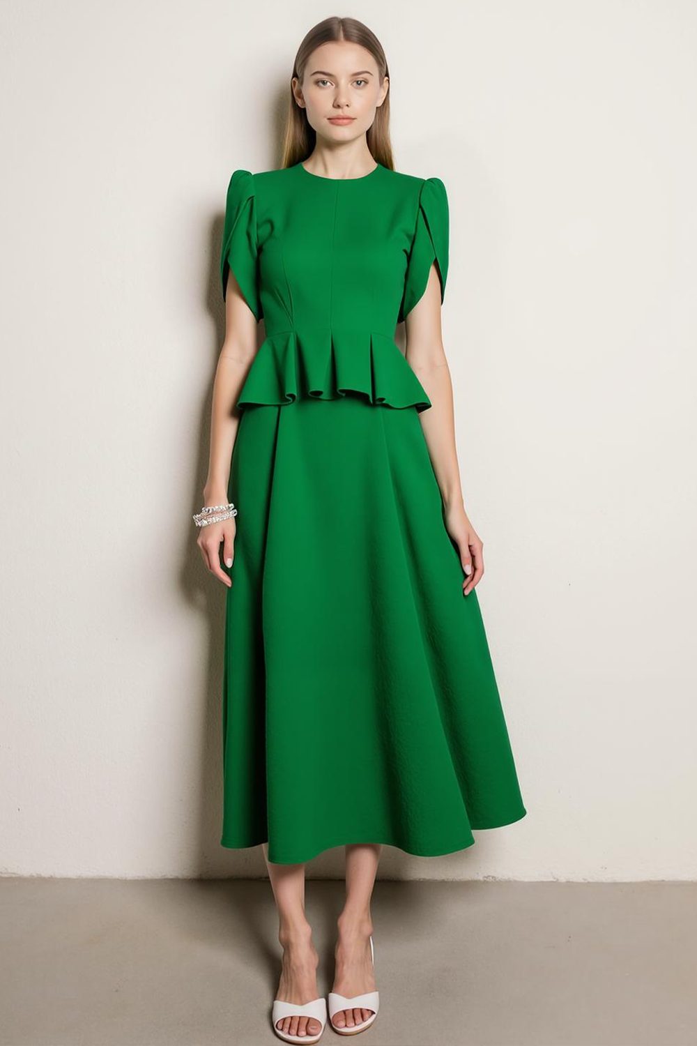 Leely Women Green Long Work Dress with Sleeves Jewel Neck A Line Formal Dress with Ruffle