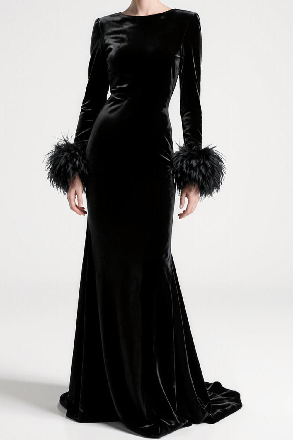 Black Mermaid Velvet Long Holiday Party Dress with Feather