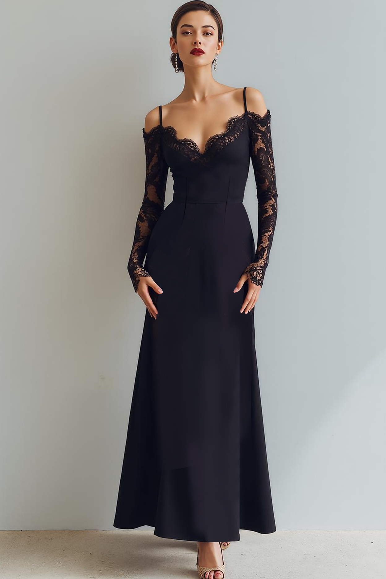 Black A Line Cold Shoulder Long Formal Dress with Lace