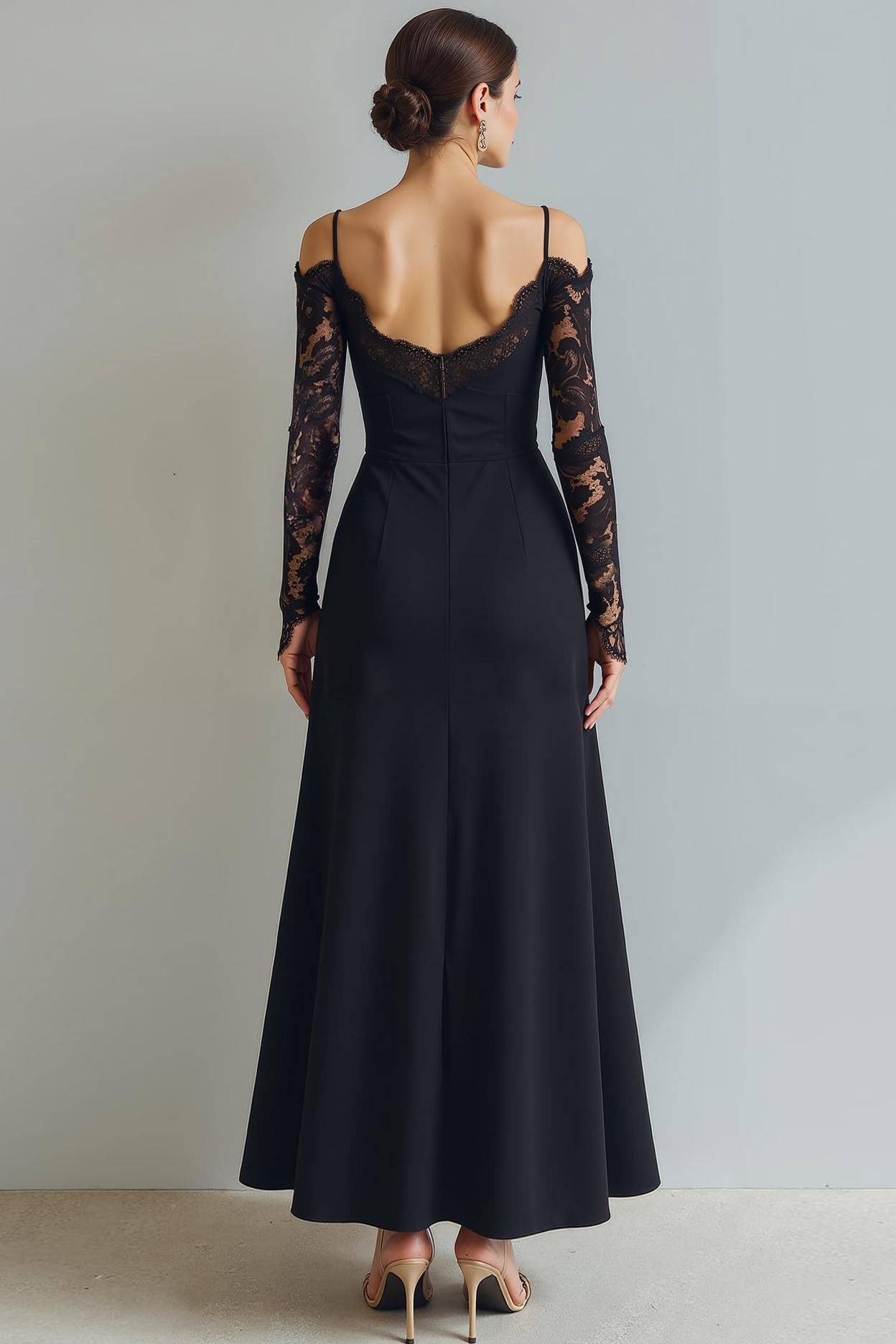 Black A Line Cold Shoulder Long Formal Dress with Lace