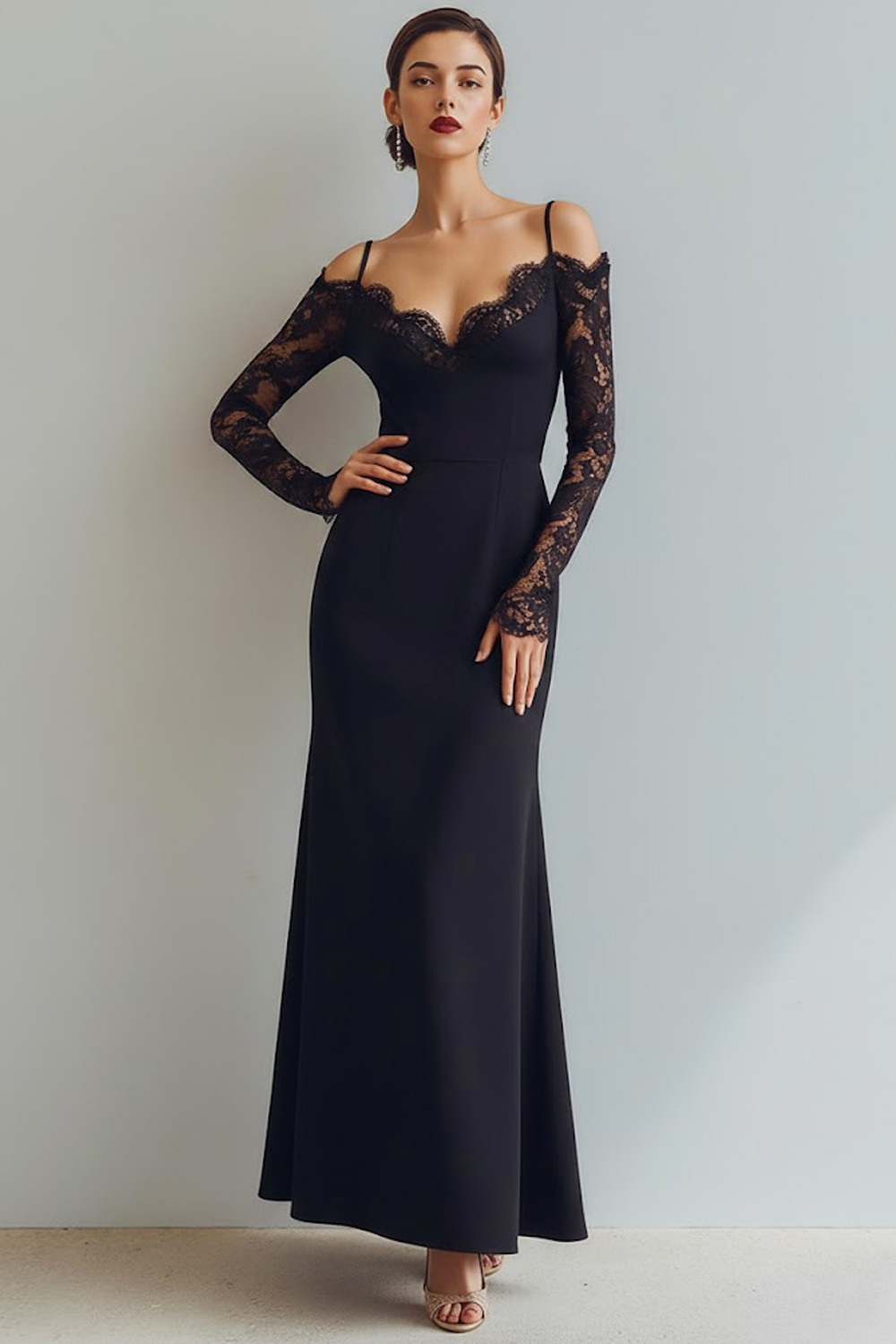 Black A Line Cold Shoulder Long Formal Dress with Lace