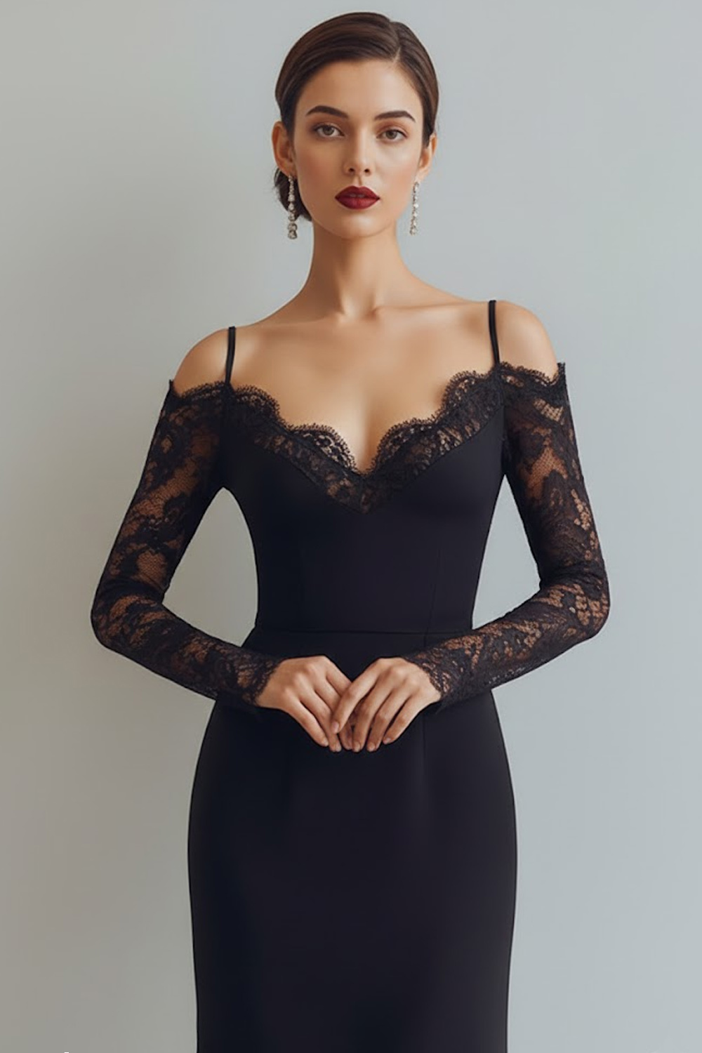Black A Line Cold Shoulder Long Formal Dress with Lace