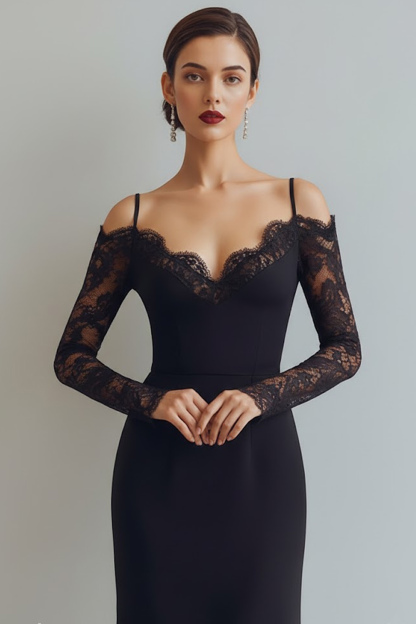 Black A Line Cold Shoulder Long Formal Dress with Lace