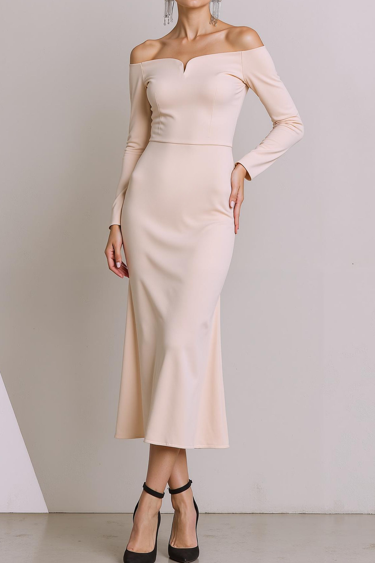 Leely Women Black Mermaid Maxi Formal Dress Off the Shoulder Long Sleeves Evening Dress