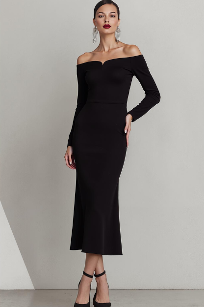 Black Off the Shoulder Mermaid Long Formal Dress with Sleeves