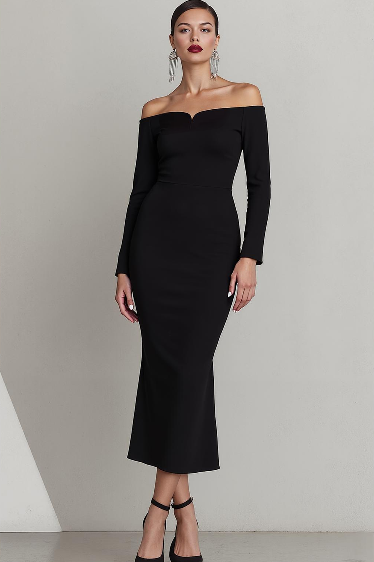 Black Off the Shoulder Mermaid Long Formal Dress with Sleeves