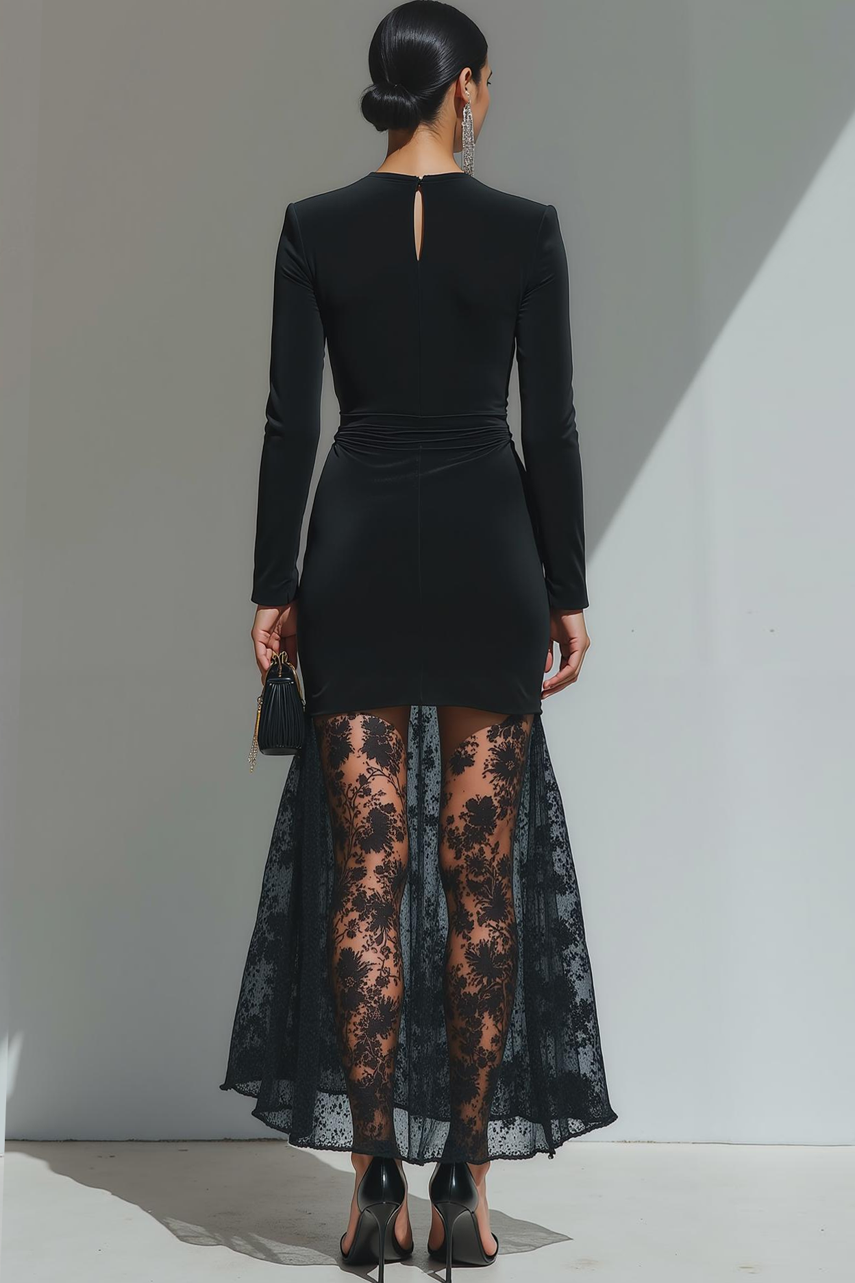 Black V Neck Velvet Long Holiday Party Dress with Lace
