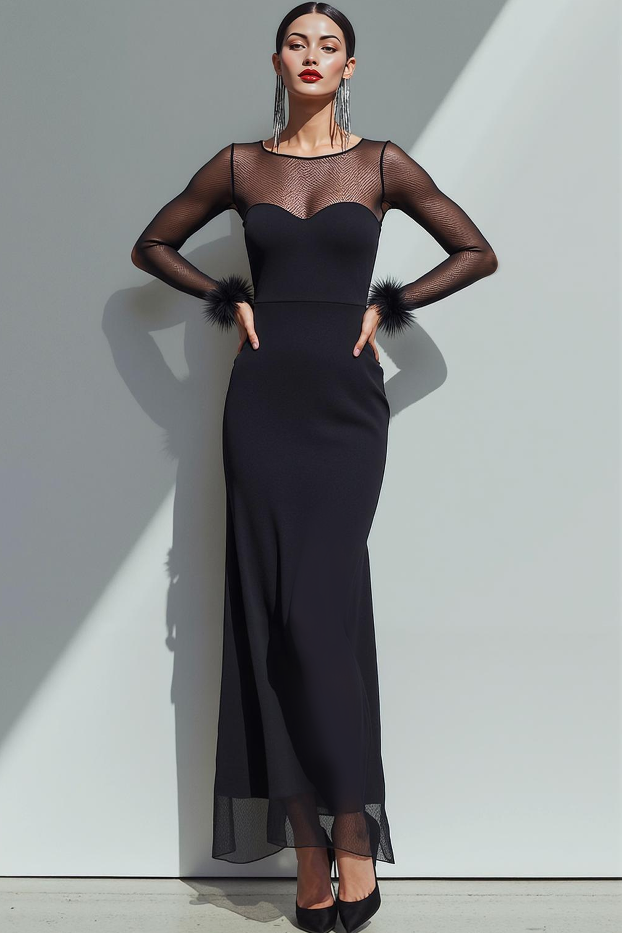 Black Illusion Neck Sheath Chiffon Long Formal Dress