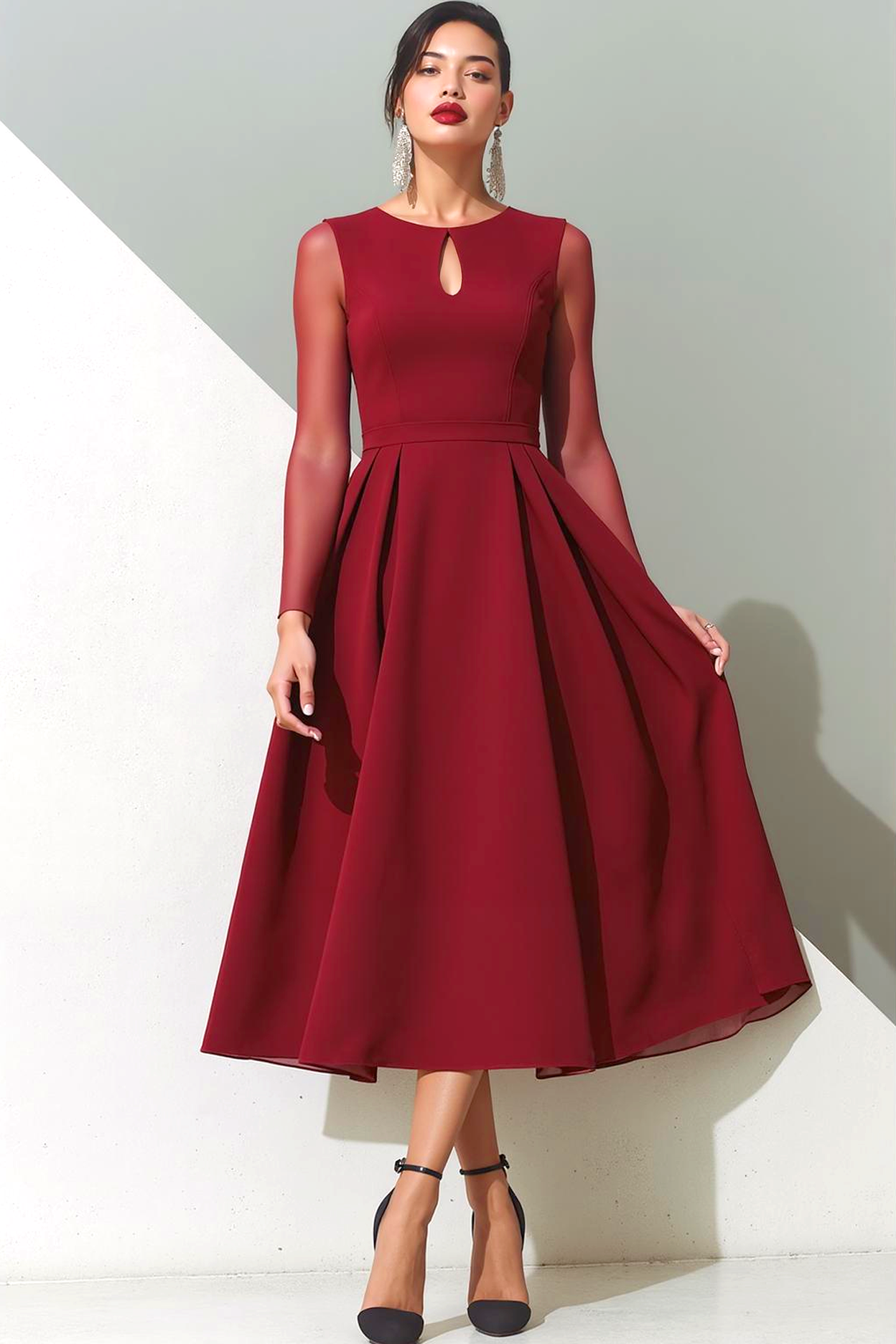 Leely Women Cabernet A Line Maxi Formal Dress Round Neck Long Sheer Sleeves Keyhole Evening Dress Leely Women Cabernet A Line Maxi Formal Dress Round Neck Long Sheer Sleeves Keyhole Evening Dress