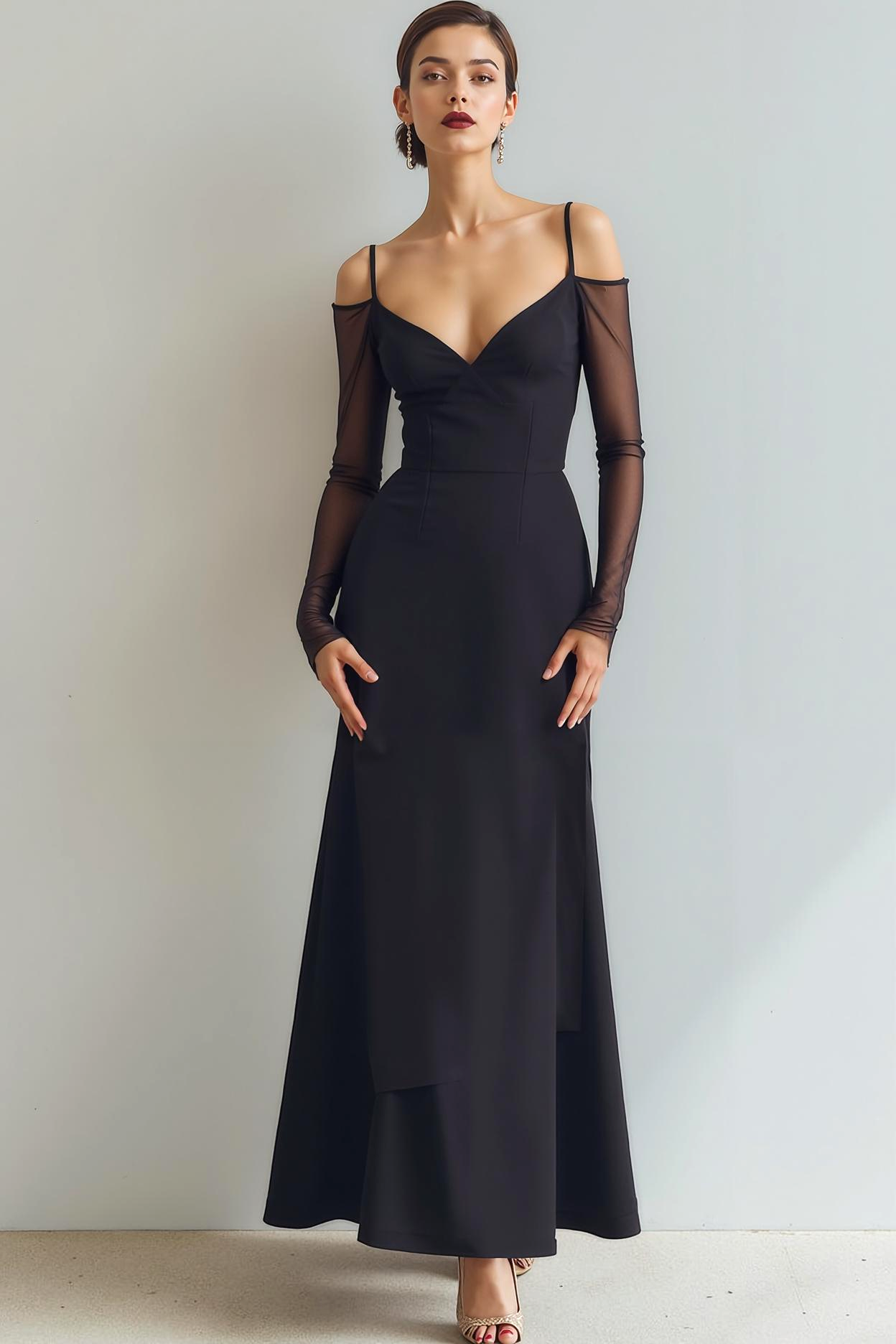 cold shoulder dresses formal Sleek Long Cold-Shoulder Prom Dress with Ruching Black / Large