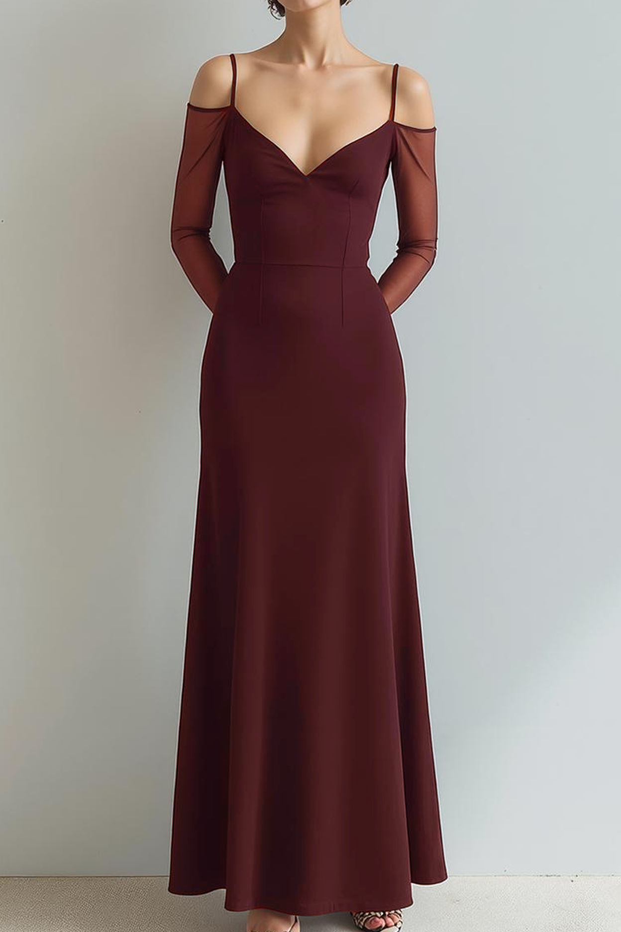 Leely Women Black Mermaid Maxi Formal Dress Cold Shoulder Long Sleeves Evening Dress