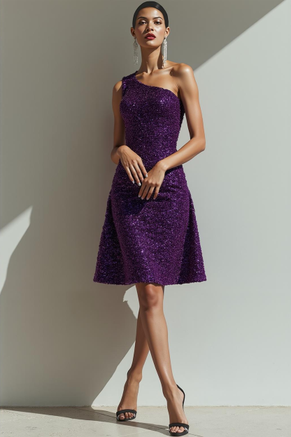 Leely Women Sparkly Sequin Dark Purple Short Cocktail Dress A Line One Shoulder Party Dress