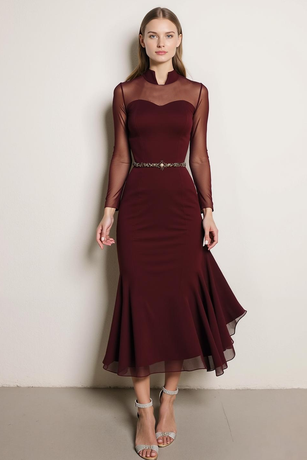 Leely Women Cabernet Chiffon Maxi Formal Dress with Sleeves Mermaid High Neck Evening Dress