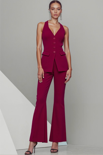 Leely Women Cabernet V-Neck 2 Piece Formal Suits Sleeveless Single Breasted Fitted Trouser Suits