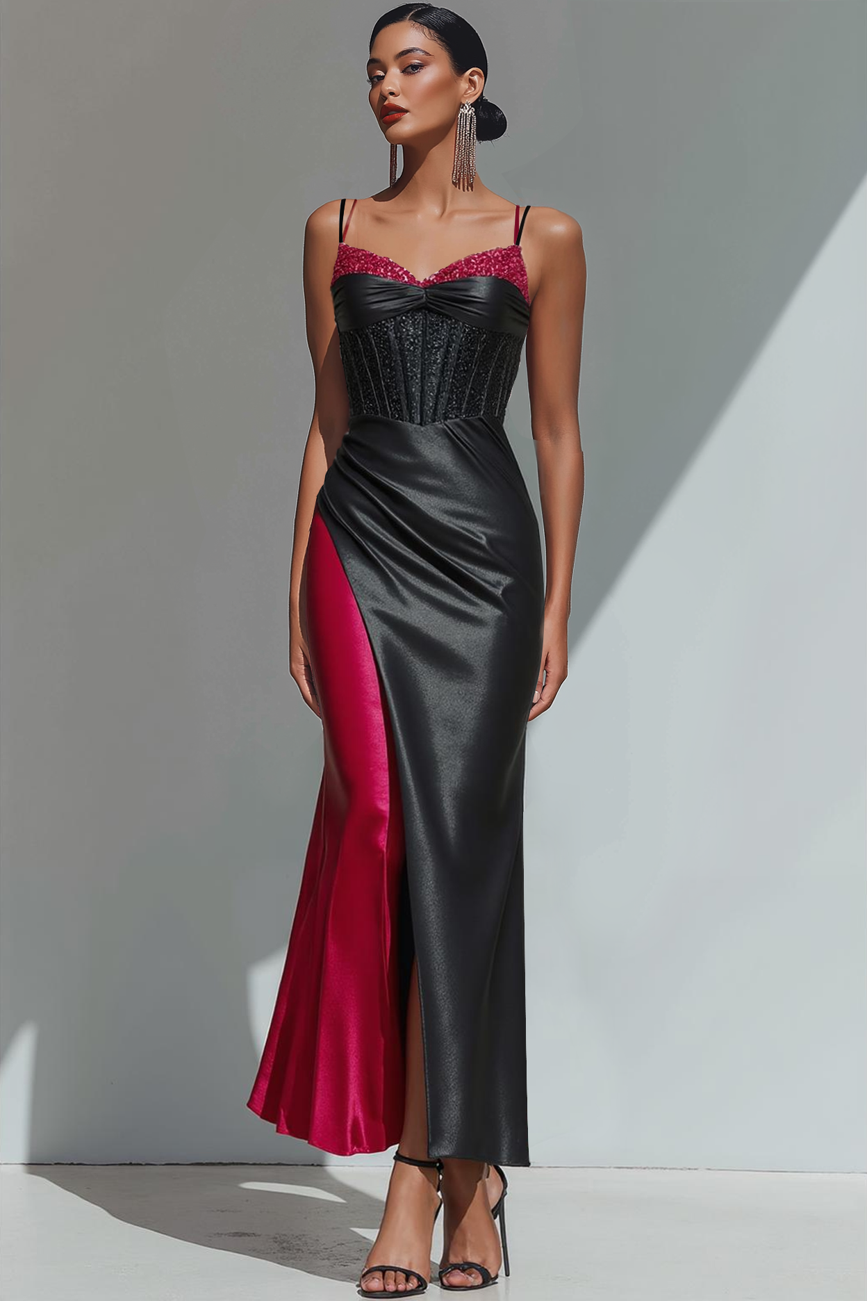 Leely Women Cabernet Corset Satin Long Formal Dress Mermaid Patchwork Spaghetti Straps Evening Dress with Beading