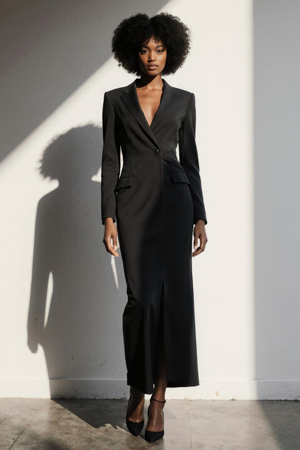 Black Pencil Notched Lapel Maxi Blazer Dress with Sleeves