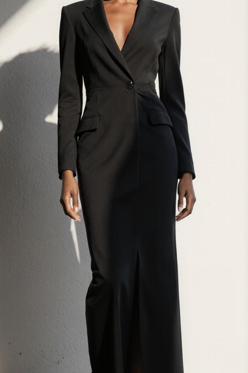 Black Pencil Notched Lapel Maxi Blazer Dress with Sleeves