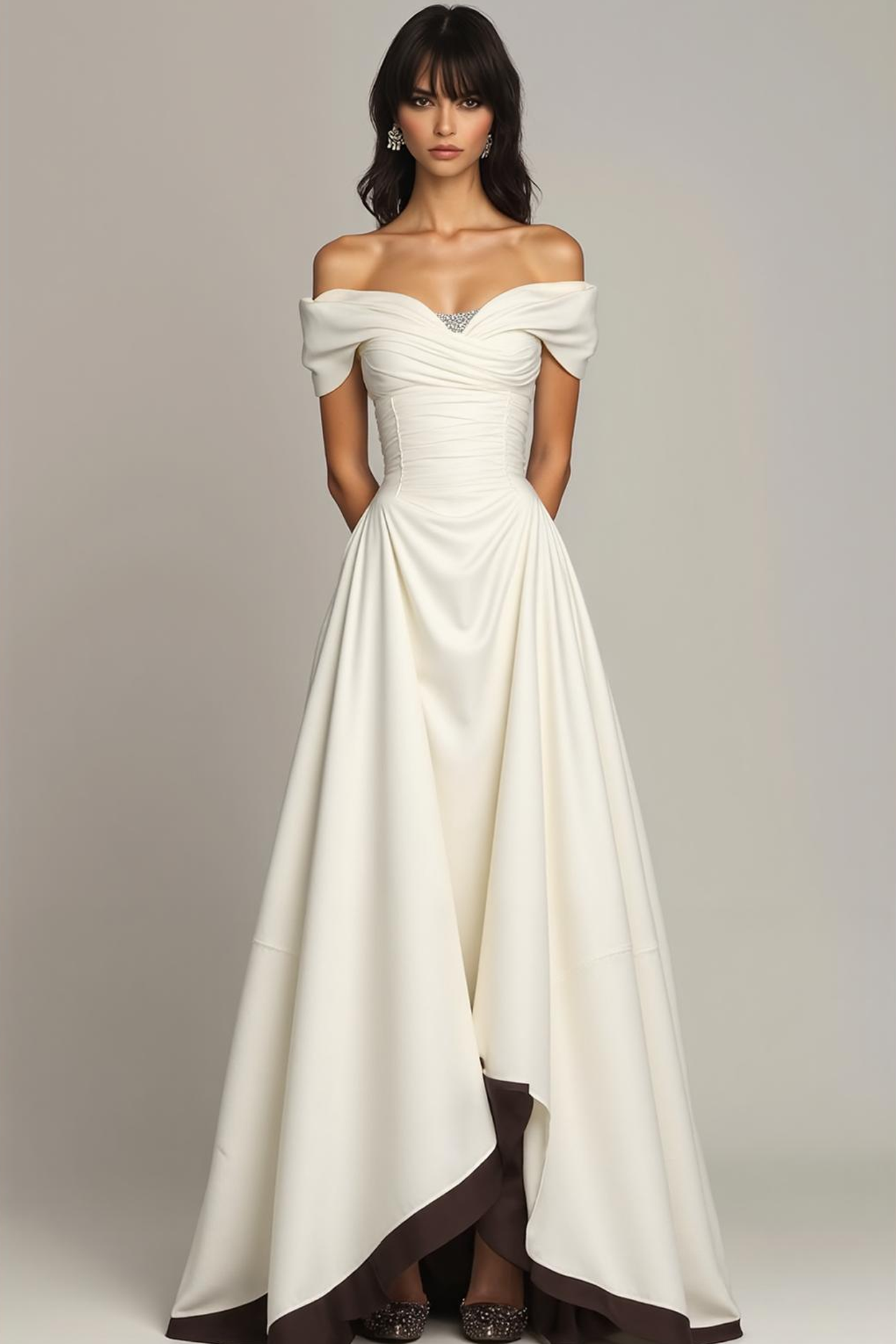 White A Line Ruched Off the Shoulder Long Formal Dress
