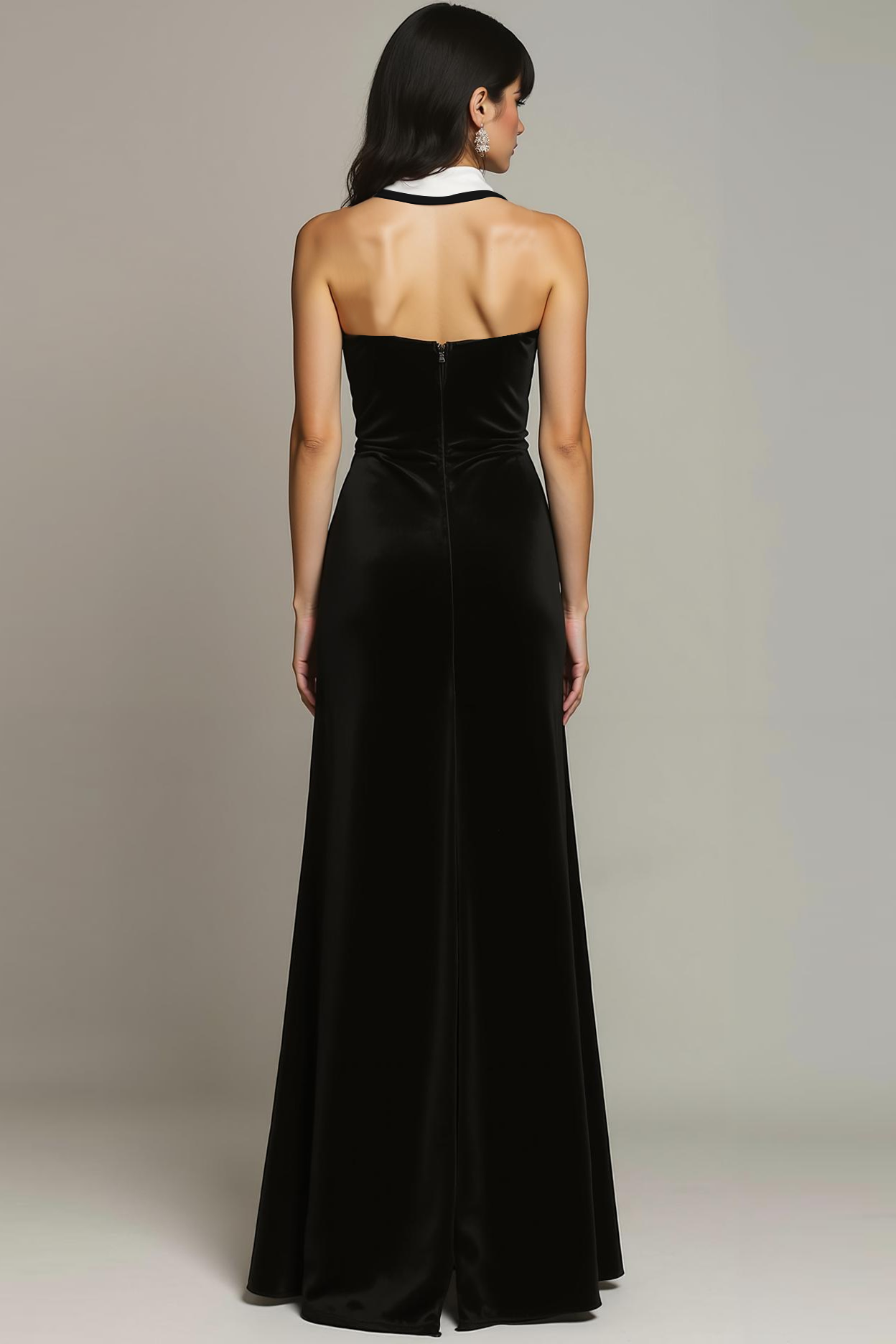 Black White Velvet V-Neck Long Formal Dress with Slit