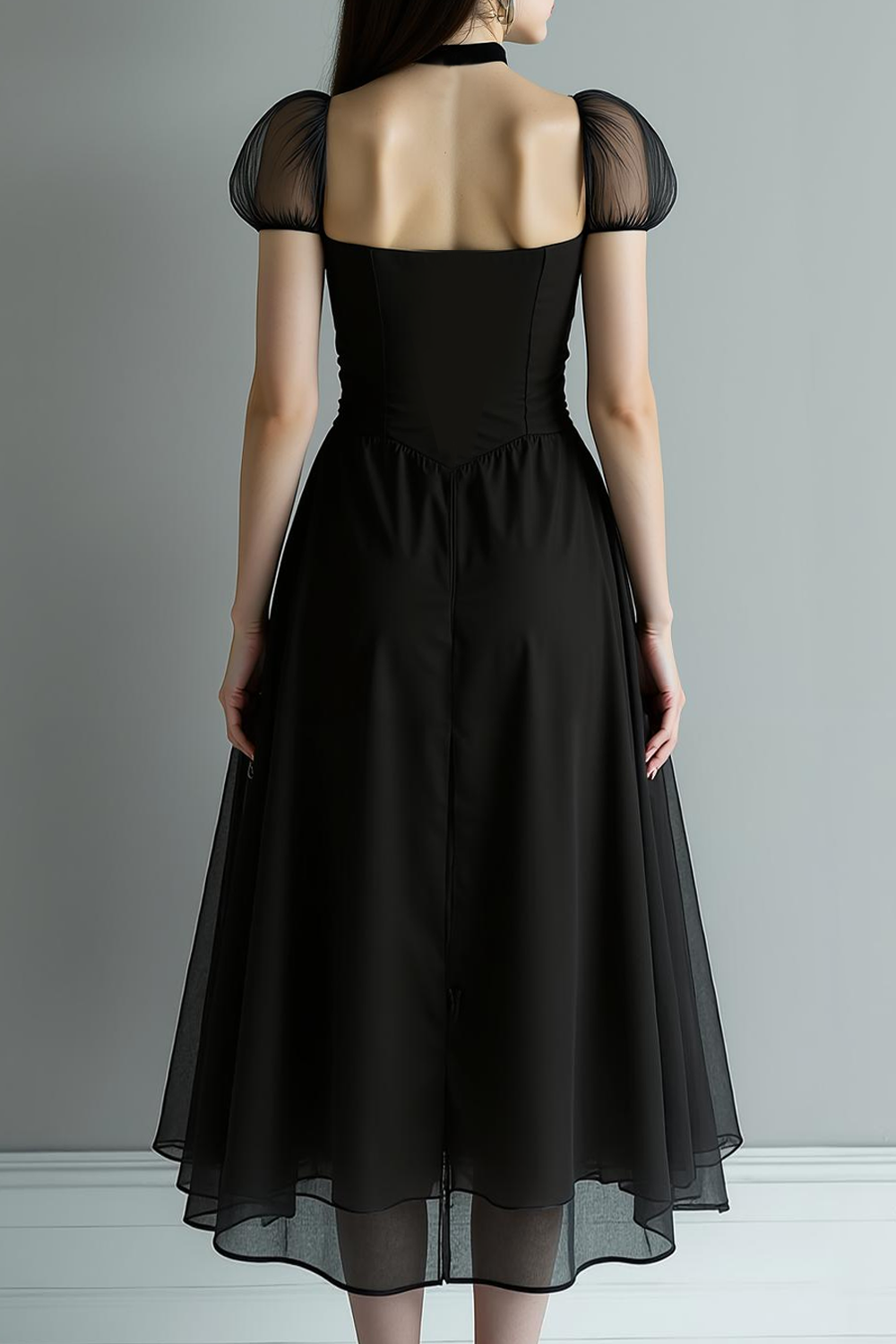 Stylish Black A Line Chiffon Long Formal Dress with Sleeves
