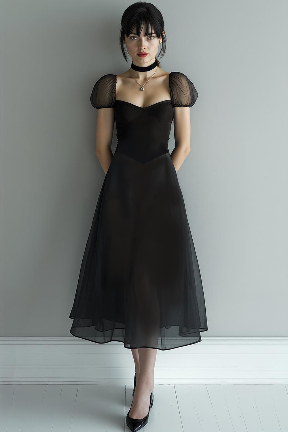 Stylish Black A Line Chiffon Long Formal Dress with Sleeves