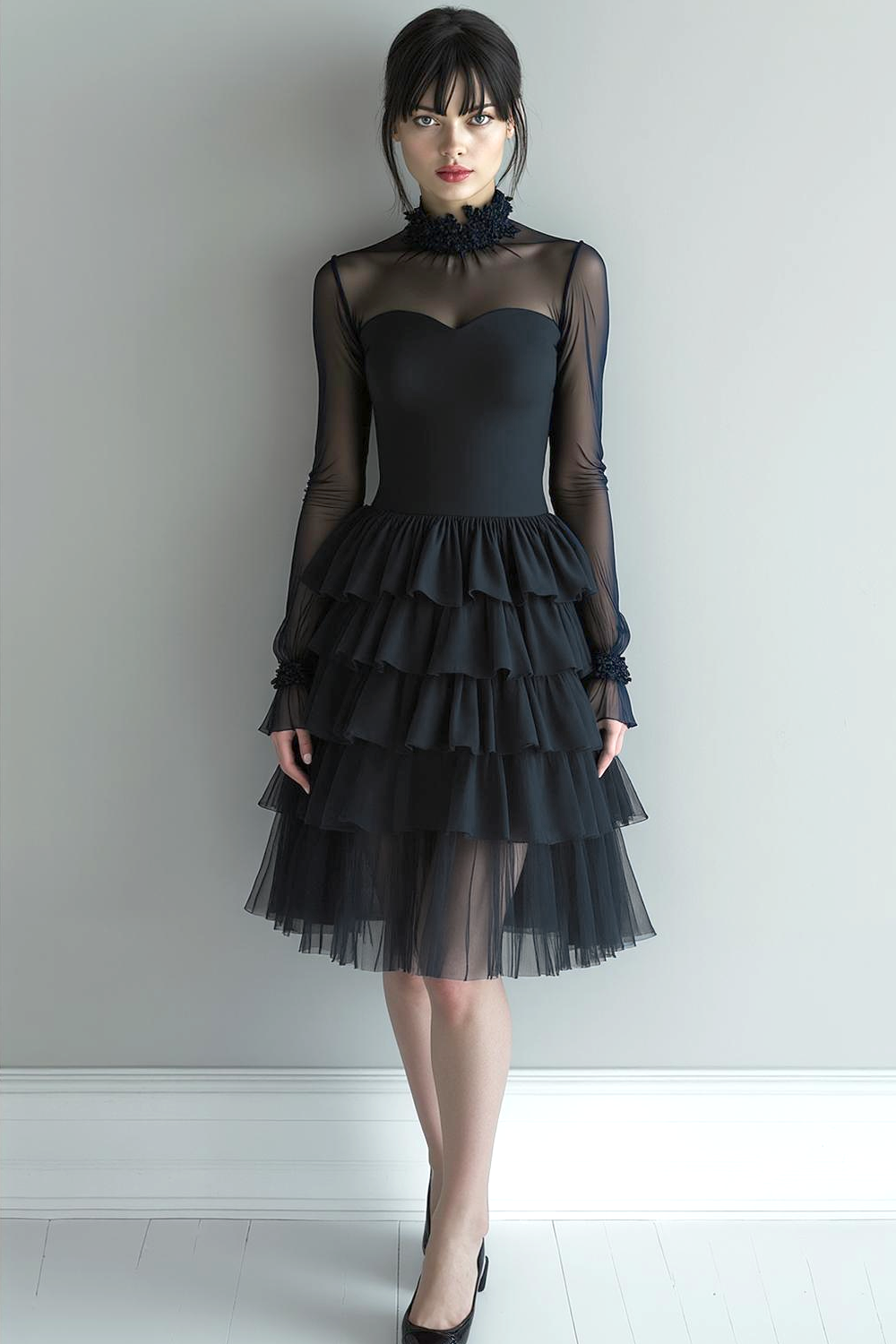 Black Tulle Tiered High Neck Midi Evening Dress with Sleeves