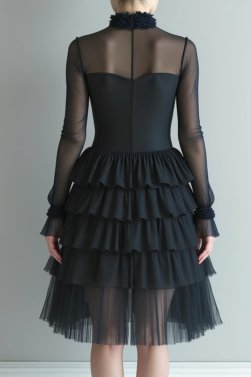 Black Tulle Tiered High Neck Midi Evening Dress with Sleeves