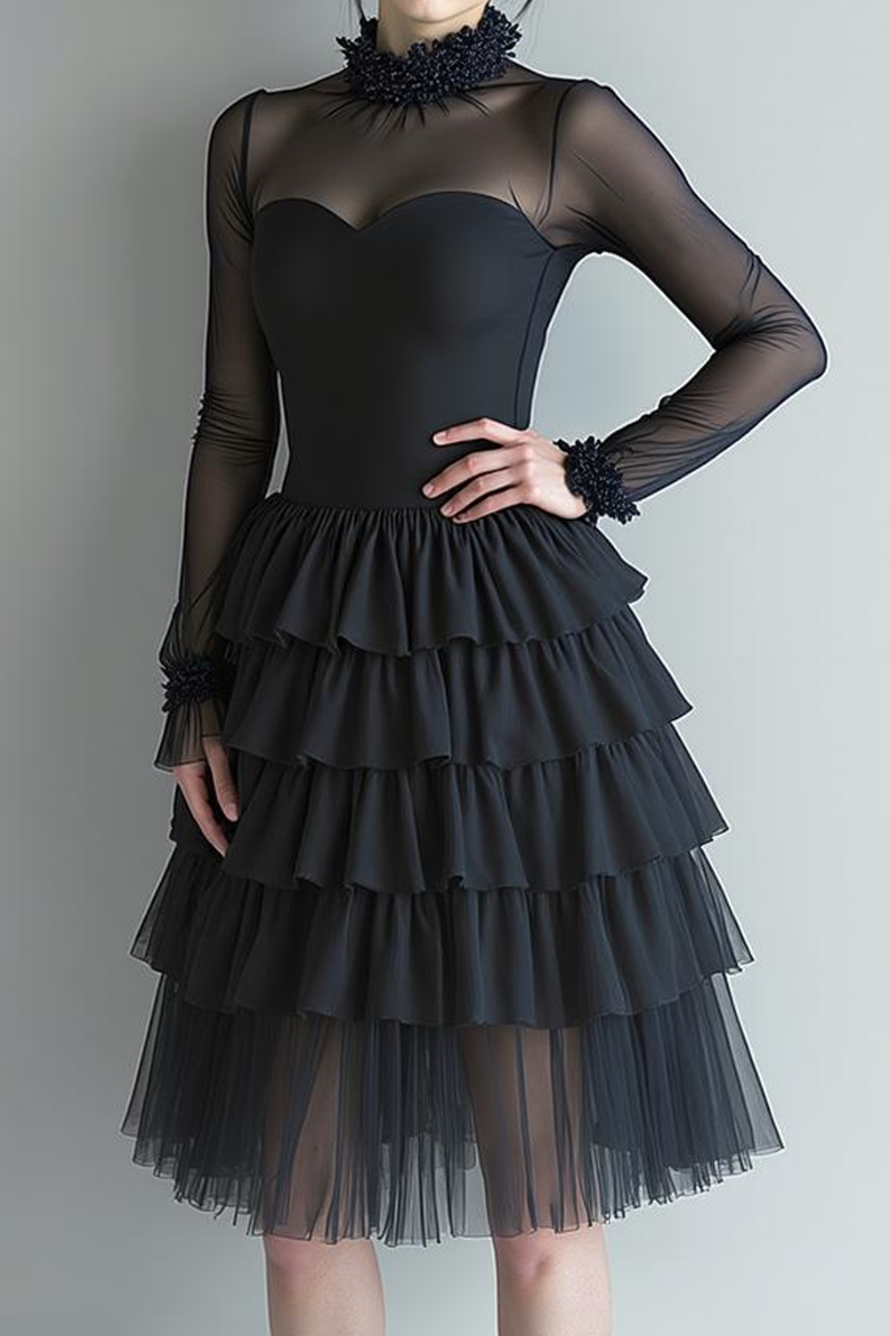 Black Tulle Tiered High Neck Midi Evening Dress with Sleeves