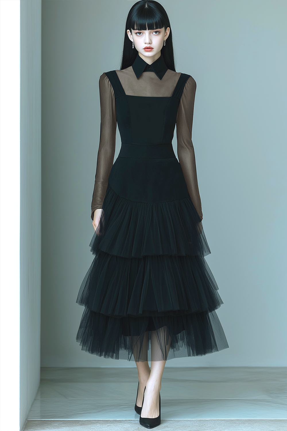 Leely Women Black A Line Maxi Formal Dress Tulle Collar Neck Tiered Long Sleeves Evening Dress