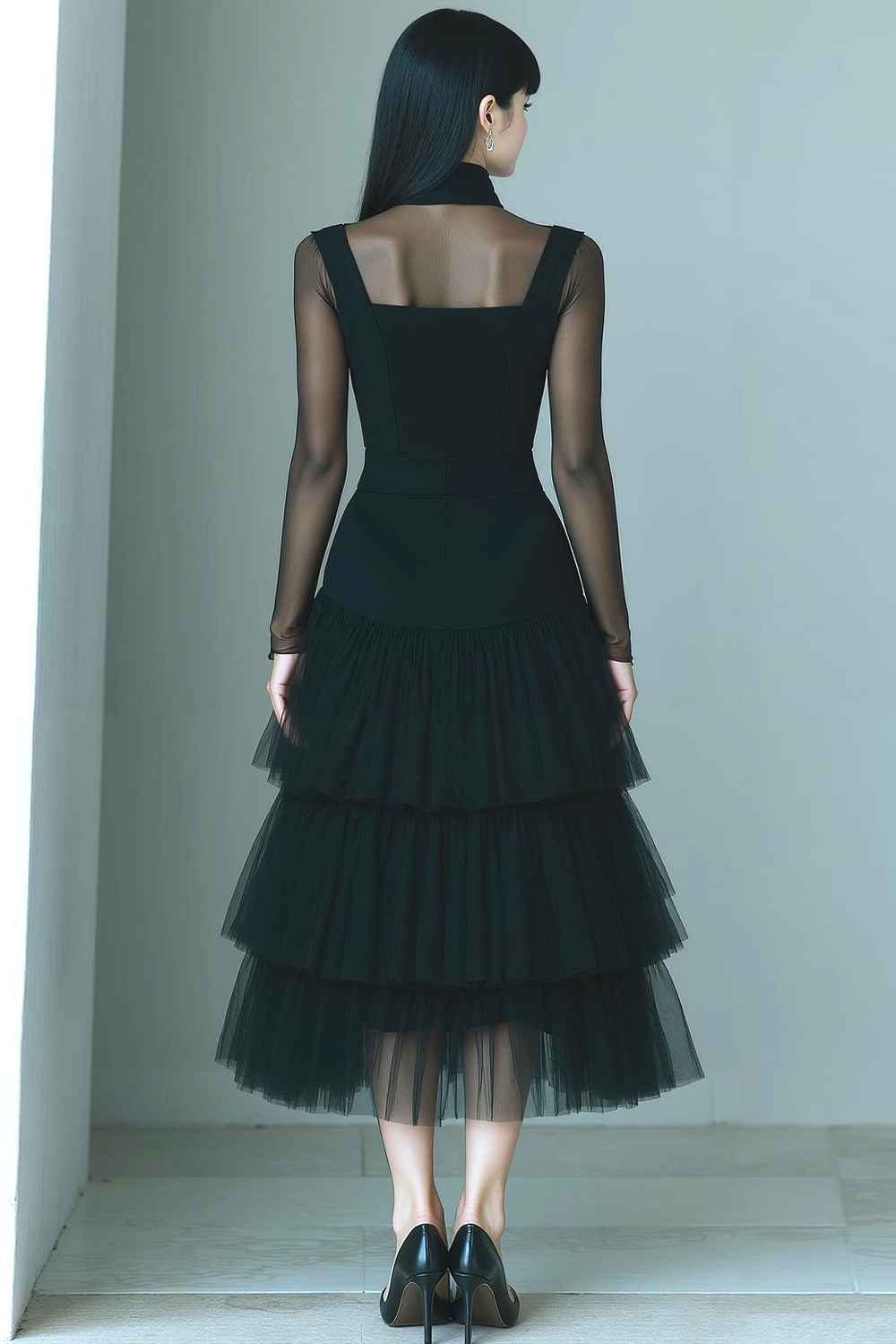 Black Collar Neck A Line Tulle Long Tiered Formal Dress with Sleeves