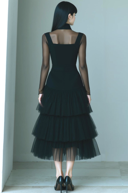 Black Collar Neck A Line Tulle Long Tiered Formal Dress with Sleeves