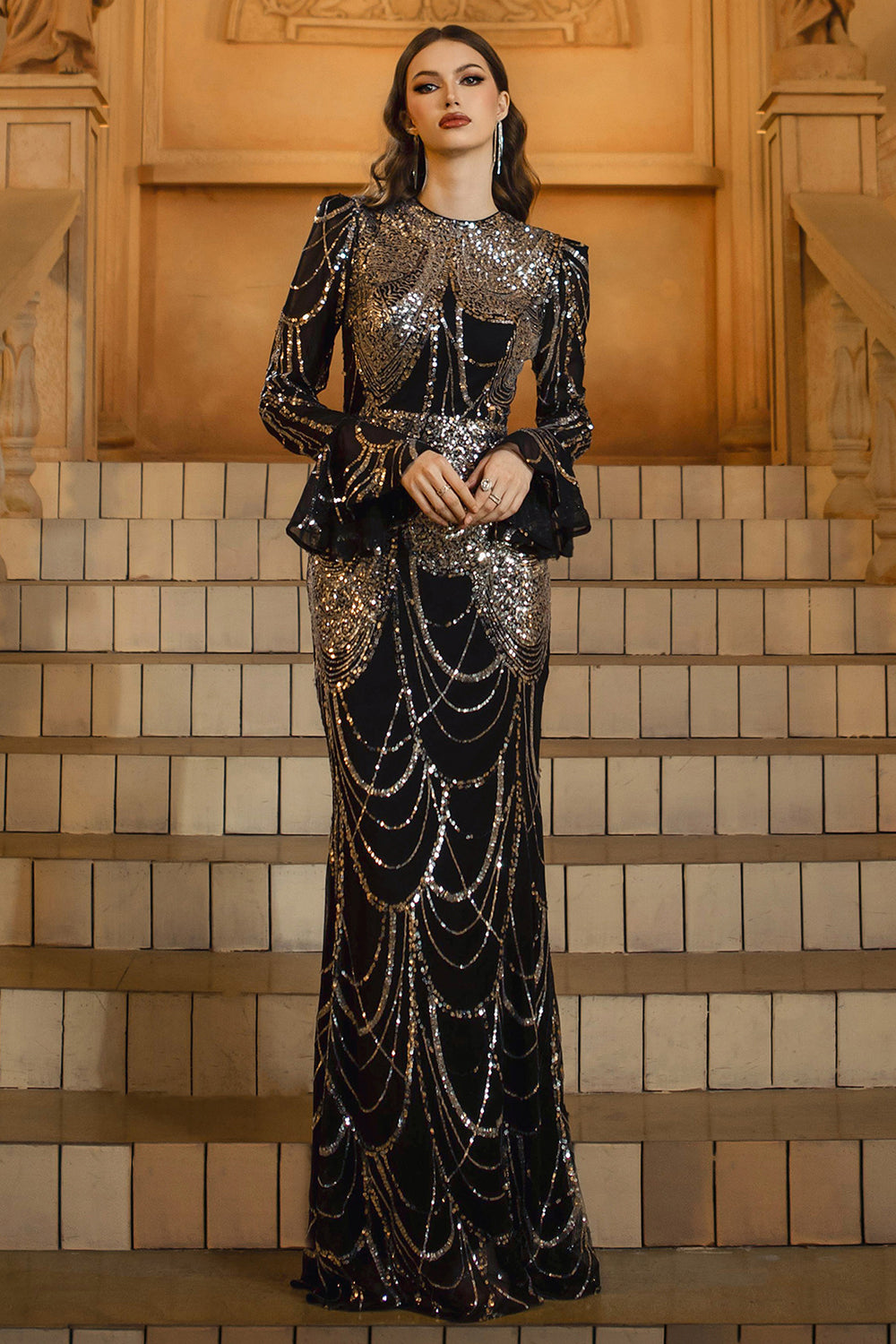 Sparkly Black Golden Mermaid Sequins Long Sleeves Mother of the Bride Dress