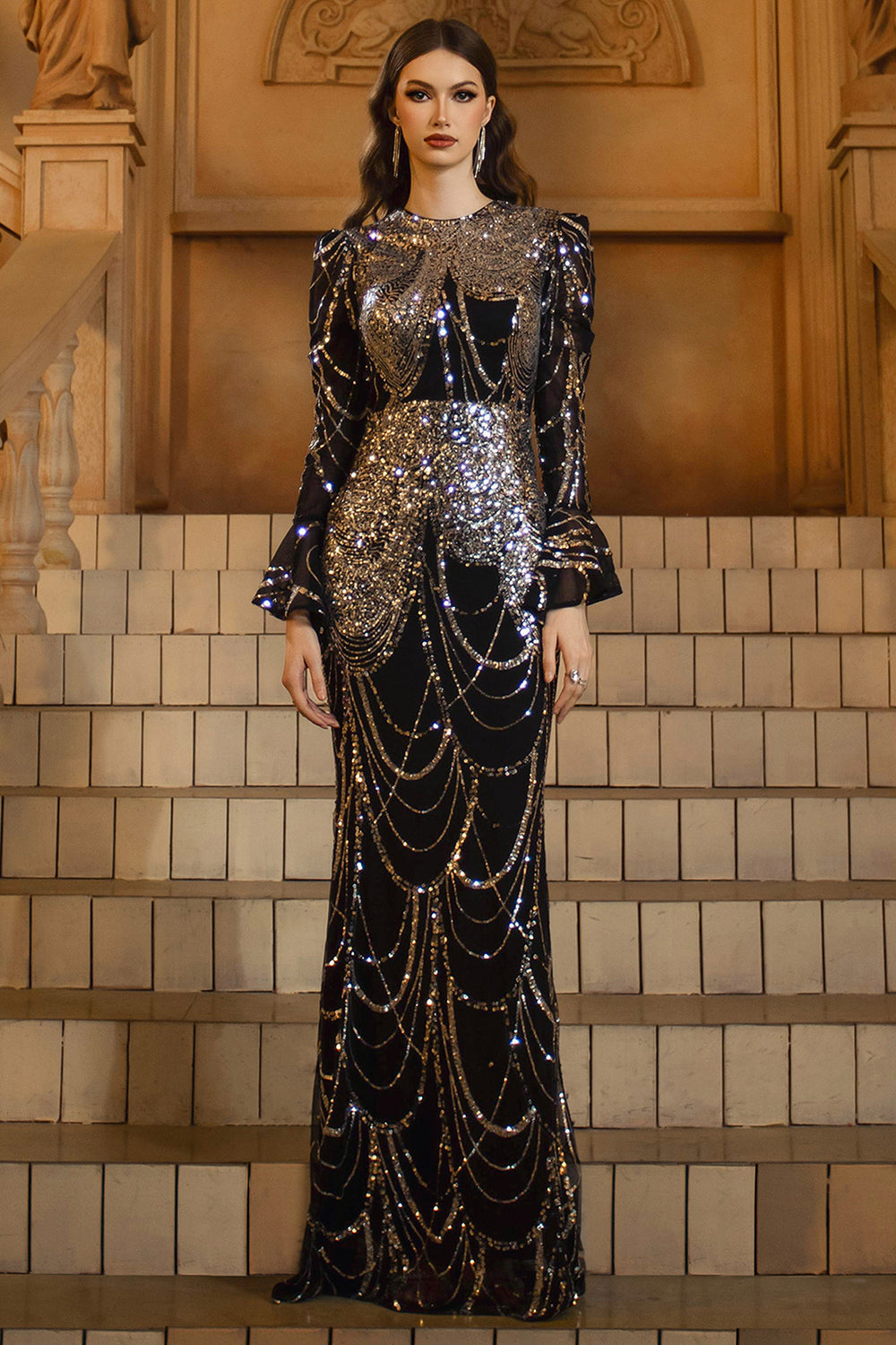 Sparkly Black Golden Mermaid Sequins Long Sleeves Mother of the Bride Dress