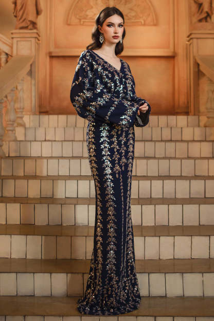 Sparkly Navy Sheath V-Neck Sequins Mother of the Bride Dress with Sleeves