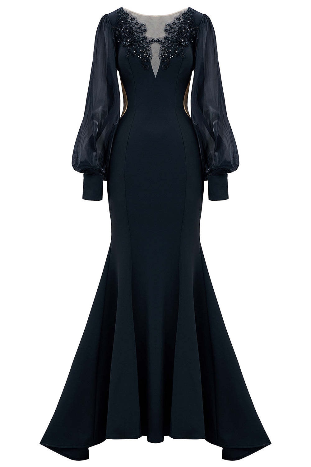 Leely Women Black Mermaid Long Mother of the Bride Dress with Appliques Illusion Boat Neck Ruffled Wedding Guest Dress with Beading