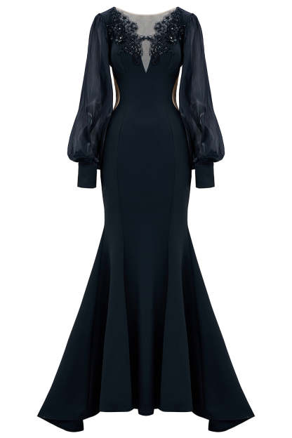 Leely Women Black Mermaid Long Mother of the Bride Dress with Appliques Illusion Boat Neck Ruffled Wedding Guest Dress with Beading