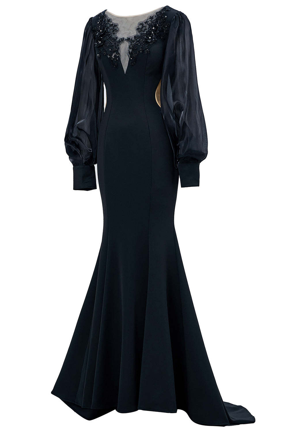 Black Mermaid Illusion Boat Neck Long Mother of the Bride Dress with Appliques