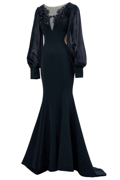 Black Mermaid Illusion Boat Neck Long Mother of the Bride Dress with Appliques