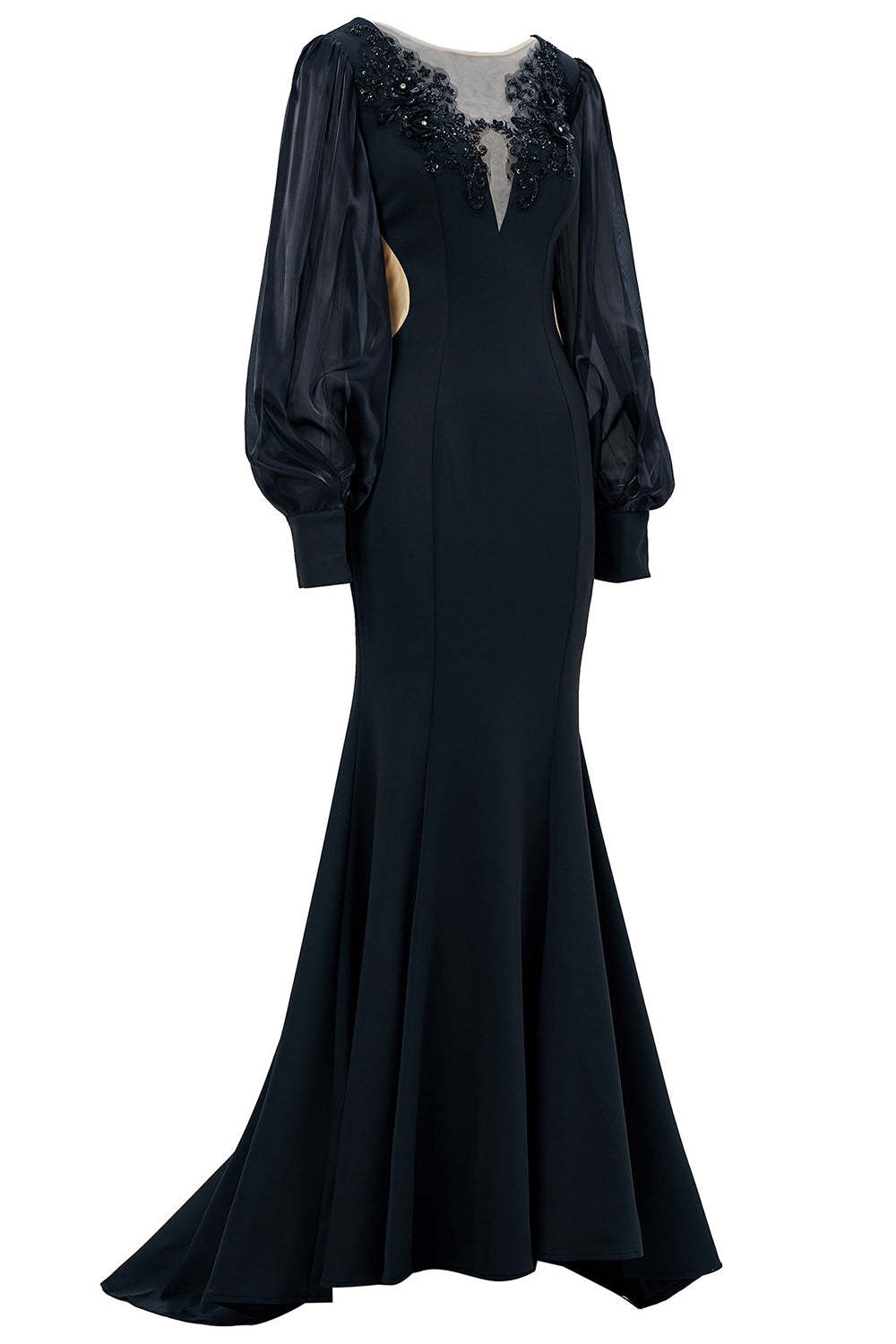 Black Mermaid Illusion Boat Neck Long Mother of the Bride Dress with Appliques
