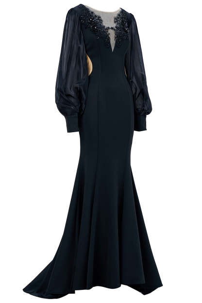 Black Mermaid Illusion Boat Neck Long Mother of the Bride Dress with Appliques